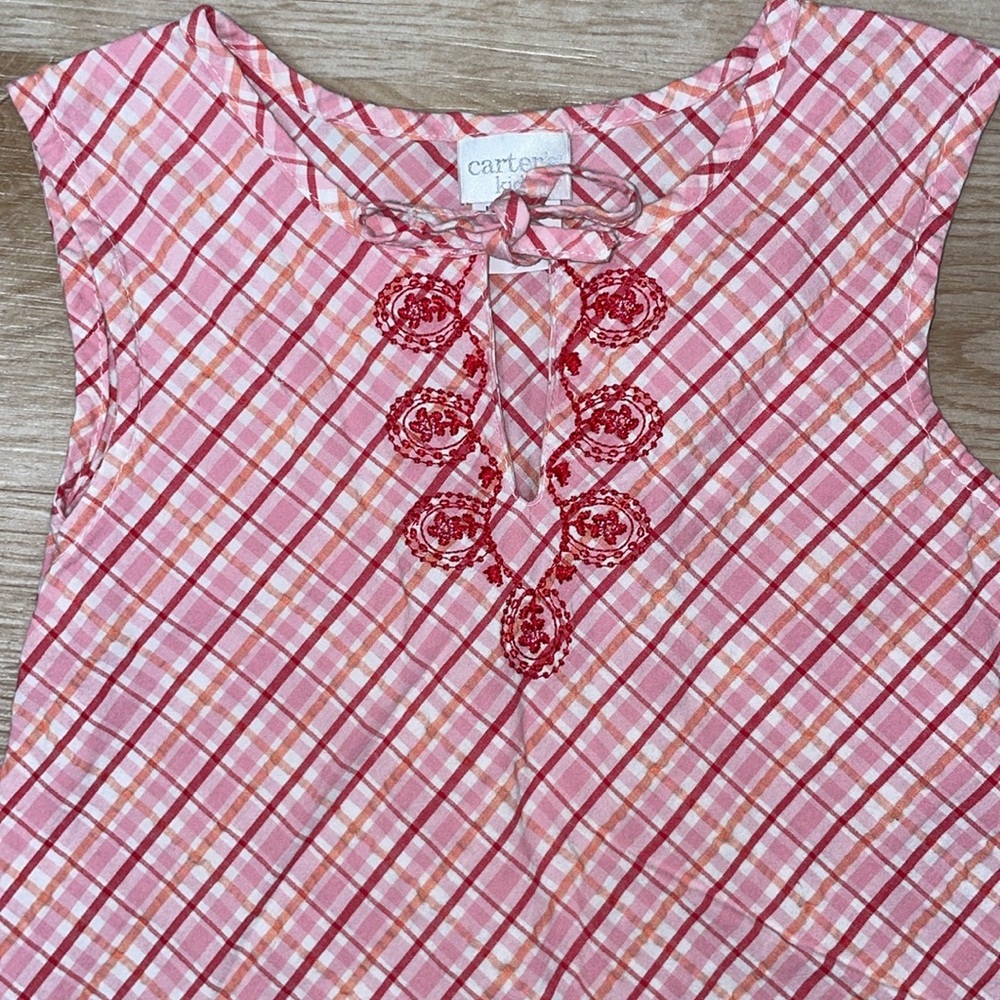 Carter’s Kids Little Girl’s Embroidered Sleeveless Plaid Pink Orange White Dress - Picture 3 of 6